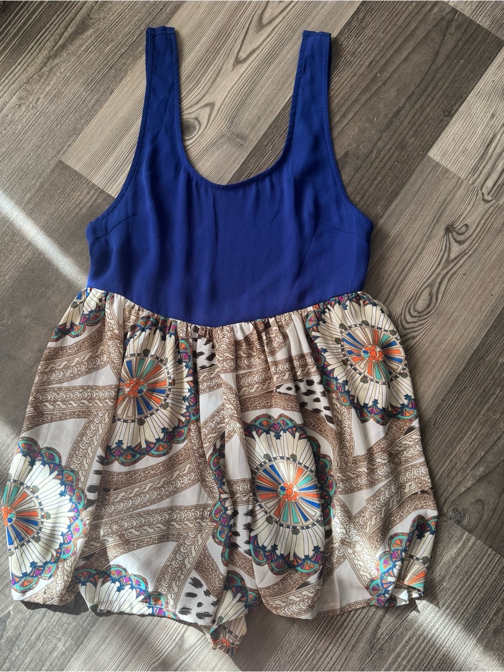 Kiwi Tucker Boutique Blue and Multi-Pattern Tank Romper